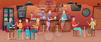 Friends cafe interior. People meeting in restaurant bar for dinner drinking eating and joking group of best friends vector cartoon. Illustration of interior cafeteria, meeting to conversation