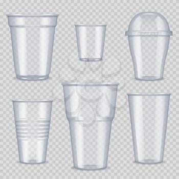 Plastic cups. Transparent empty vessel for beverage food and drinks template of plastic cups vector realistic pictures. Cup container plastic, transparent disposable for drink illustration