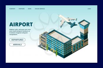 Airport landing page. Departures arrivals info banner. 3D airport terminal and flying plane vector illustration. 3d terminal airport web page with plane