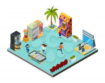 Game zone concept. Game center, kids room with playing game machines arcade simulator racer hockey shooting range vector isometric location. Illustration playroom, playground with recreation game