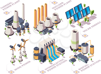 Energy systems. Powerful nature factories electric solar panels turbine windmills vector isometric green energy. Illustration natura energy, geothermal and bio ecological, biofuel and hydroelectric