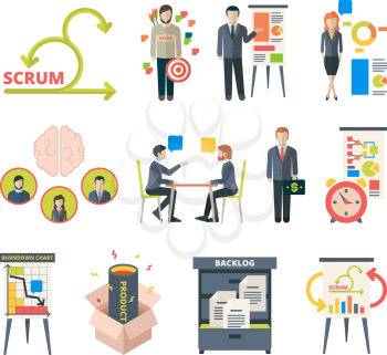 Scrum methodology. Project visualization in retrospective agile software collaboration meetings business work vector colored pictures. Illustration teamwork methodology, development process