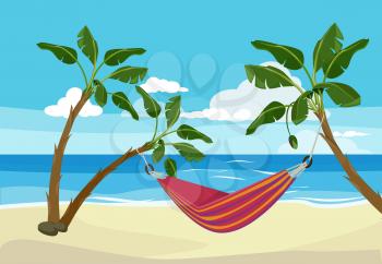 Hammock beach. Tropical background rest place between palm trees outdoor exotic sunset vector cartoon. Hammock beach on sea coast illustration