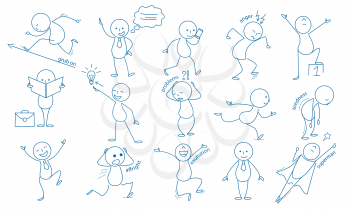 Business stickman. Hand drawn characters people figures expressions jumping running holding pointing vector business set. Illustration simple smile expression, stickman working and tiredness