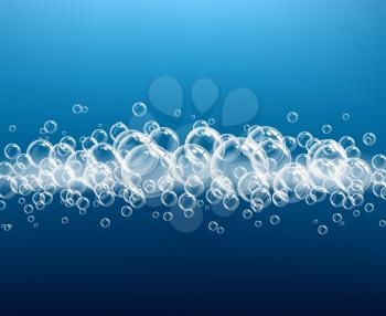 Foam realistic. Soapy transparent balls on dark background macro gel blow powder oxygen vector. Macro blow foam, water detergent bubble illustration