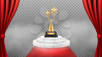 Award background. Golden trophy on white podium and red carpet and curtains. Vector realistic award winning backdrop. Vip celebrity event, triumph and success illustration