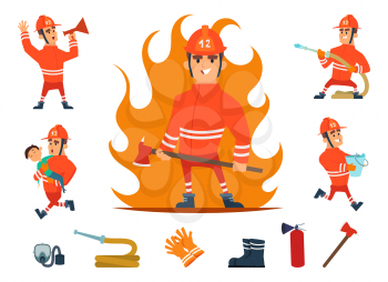 Firemen and equipments. Fireman profession working. Cartoon tools, children and fire, hose and hydrant isolated vector set. Character profession, professional firefighter work illustration