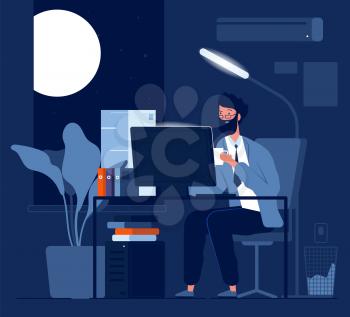 Person late work. Business character night working in office sitting with computer and piles of paper vector concept. Illustration business work, workaholic working at workspace