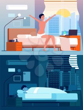 Man wake up. Male characters in bed night relax morning sitting and awakening vector flat person. Person male sleep in bedroom, awake and sleep illustration