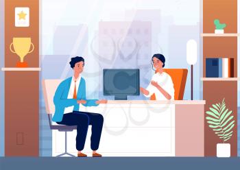 Businessman interview. Male character in boss cabinet recruitment person vector people. Interview employee, hiring job, office manager recruitment illustration
