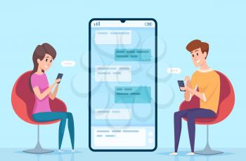 Messaging people. Couple male and female characters online dating chatting secure dialog on smartphone vector concept. Illustration couple communication, smartphone dialog, social message