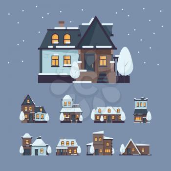 Frozen houses. Christmas winter buildings with snow cap from snowflakes amazing decoration buildings vector. Winter house christmas, frozen seasonal snowy home illustration