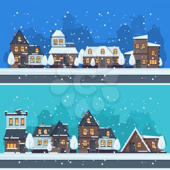 Snow winter city. Urban landscape with christmas season houses holiday buildings vector landscape. Illustration street urban house, winter seasonal street