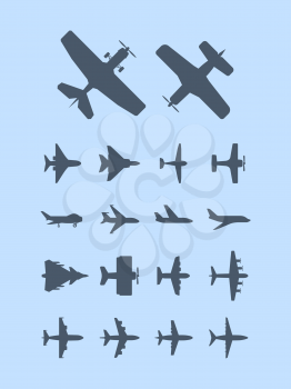 Aircraft silhouettes. Plane for travellers jet transportation vector aviation icons. Plane air flight jet silhouette, transport airplane illustration