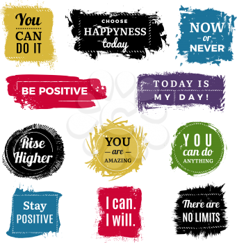 Motivation badges. Grunge background ink brush paint labels with text vector set. Illustration motivate headline handdrawn positive