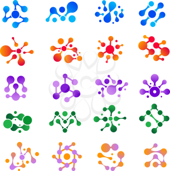 Molecular explosion. Round shapes water ink drops scientific logo medical genetic biology models vector set. Illustration dna and structure chemistry molecule pattern