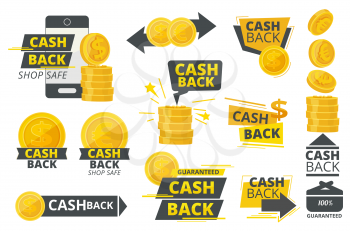 Money cash back. Promotional special offer service for markets vector stickers or badges collection. Cash money, finance business cashback emblem illustration
