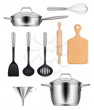 Kitchen utensils. Pans steel pot griddles knives items for cooking food vector realistic images set. Illustration kitchen steel utensil, kitchenware cooking