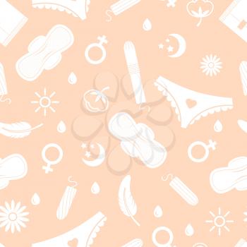 Woman hygiene seamless pattern. Menstruation elements. Pads, pants and tampons, drops and cotton signs. Vector female period background. Illustration care hygiene, pattern woman health protection