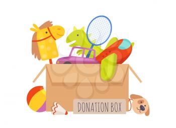 Donation box. Voluntary help children, isolated box with toys. Charity vector illustration. Giving and volunteering toys, kindness and charity