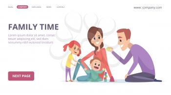 Family time. Cute cartoon parents and children. Happy girl, baby, mother and father. Parenthood vector landing page. Cartoon wife and husband with children illustration