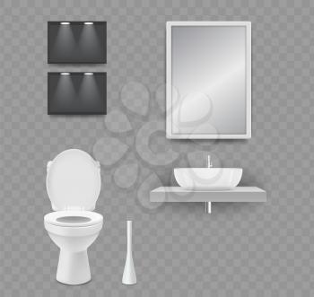 WC room. Realistic toilet, sink and mirror isolated on transparent background. Vector elements restroom and bathroom. Illustration toilet interior, closet wc, washroom sanitary