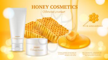 Honey cosmetics banner. Realistic cream tube and honeycombs. Natural skin care vector advertising background. Cream honey bottle, face skincare, honeycomb moisturizer illustration