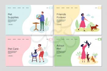 Pets landing pages. People caring about animals. Cute flat characters with cats, dogs and fish vector web banners. Care dog friendship, landing page, fish and cat illustration