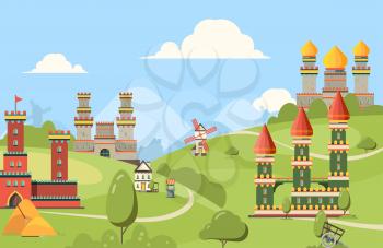 Medieval buildings. Horizontal background of kingdom castles buildings from bricks and wood old street with towers vector. Castle cartoon, house building stone illustration