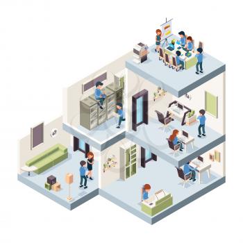 Business office isometric. Corporate building interior and exterior creativity group of freelancers and managers working in cabinets vector. Illustration office building interior, corporate workplace