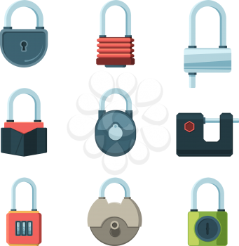 Mechanical lock. Padlock safety symbols vector flat pictures set. Illustration padlock with password, security or privacy