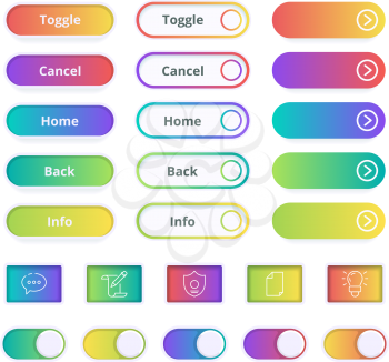 Colored gradient buttons. Game or website ui templates action app buttons with stroke vector colorful symbols. Colorful button interface, internet ui website illustration