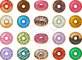 Donuts desserts. Round fast food products tasty chocolate rings cakes colored vector set. Donut snack, dessert round glazed illustration
