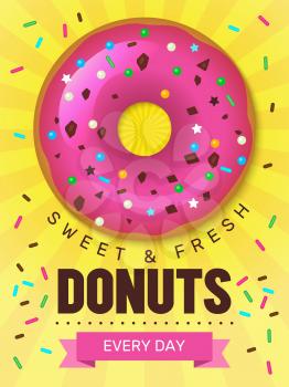 Tasty food poster. Donuts placard design with breakfast colored food bakery products desserts vector template. Illustration sweet dessert donut, delicious yummy doughnut