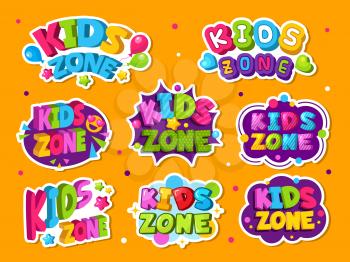 Kids zone logo. Colored emblem for game children room playing zone vector decor style labels. Illustration playroom and game label, kidzone colorful
