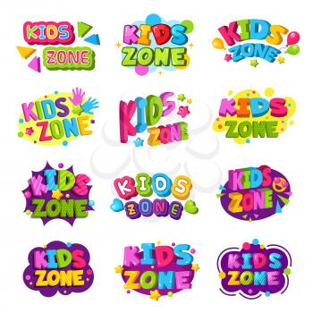 Playroom logo. Kids zone colored funny badges text graphic emblem for game education areas vector set. Playroom and kidzone logo, banner emblem illustration