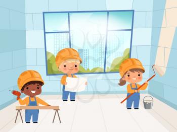 Kids builders. Funny young peoples constructors crane and brick wall making vector characters. Builder character, worker professional industrial illustration