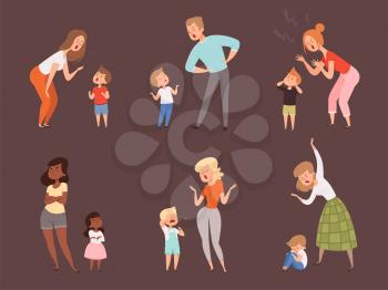 Scold children. Kids crying parents father and mother sad expression reaction vector cartoon characters. Naughty kids and discipline, child emotion illustration