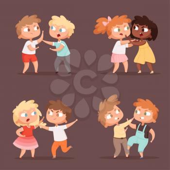 Children fighting. Anger boys punishing together bullies vector characters. Children fighting conflict, together characters emotion illustration