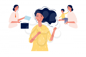 Female choice. Girl choose between career and family. Gender stereotypes, work or maternity and make difficult decisions. Businesswoman and mom vector illustration. Choice female, career and family