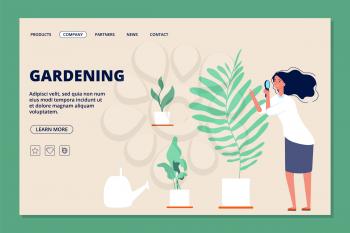 Gardening landing page. Woman and plants, botanical garden or greenhouse. Blossom house plant in pots vector web banner. Gardening botanical, gardener in orangery, florist growing illustration