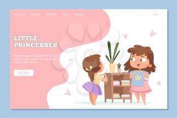Girls shopping. Online clothes store for little princesses web banner. Cute cartoon sisters with t-shirt vector landing page. Princess clothing store, woman online buy illustration