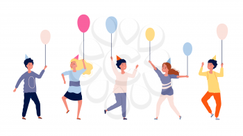 Happy children. Group of kids with balloons. Birthday party, festival or carnival. Isolated teens characters vector illustration. Party birthday, holiday happy, cartoon children happiness