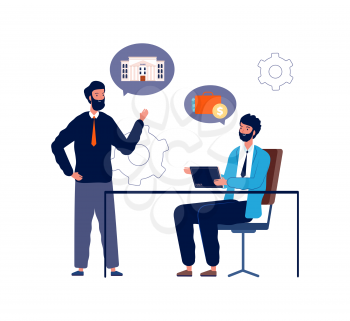 Investment and capital conservation. Men argue about profitable investments. Businessmen at work, business conversation vector illustration. Business investment conversation, man talking capital