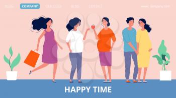 Maternity landing page. Happy pregnant women. Girls expecting children, family and parenthood vector banner template. Maternity pregnant, motherhood pregnancy, parent expecting childbirth illustration