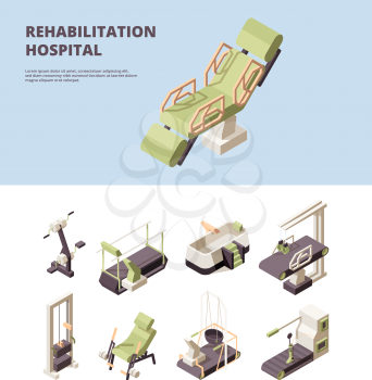 Rehabilitation hospital. Healthcare center doctor showing exercise for disabled person physician assistant vector isometric. Rehabilitation exercise, physical equipment and physiotherapy illustration