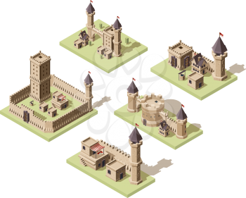 Castles low poly. Video game isometric assets medieval buildings from old rocks and bricks 3d houses vector old fort. Castle medieval architecture, stronghold building kingdom illustration