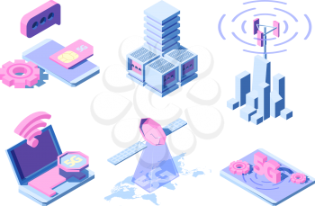 5g isometric. Telecommunication industrial innovation wireless world different gadgets online clouds smartphone vector. Illustration isometric network device, smartphone wifi connect 5th generation