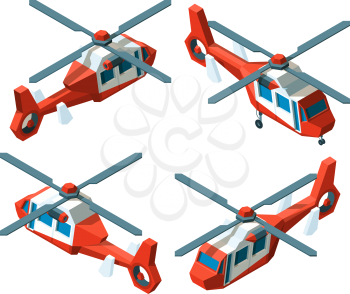 Helicopter isometric. Low poly avia transport different point views vector collection. Illustration helicopter transportation, fly machine isometry