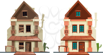 Abandoned house. Repair old building exterior of cottage fixing architectural object new house vector flat pictures. Repair fix, maintenance house building illustration